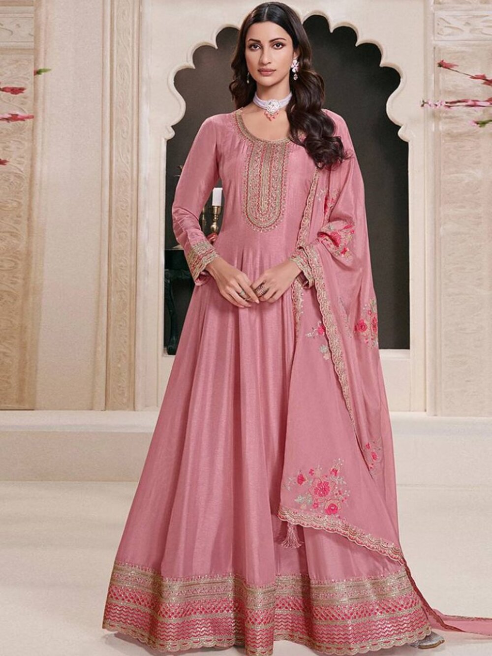 Pink Embroidered Art Silk Anarkali Set With Dupatta